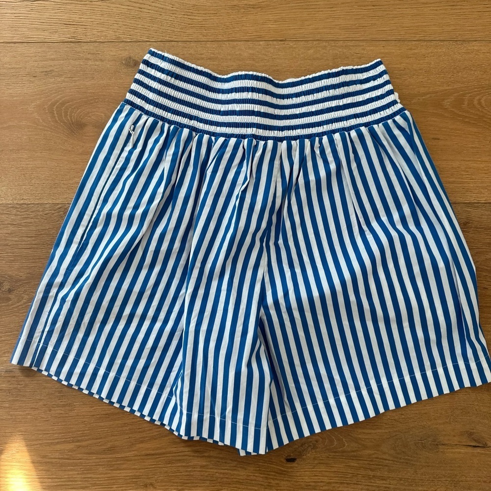 FRAME Organic Cotton Striped Boxer Shorts NWT | Blue | Size XS Smocked Waistband - Picture 2 of 8